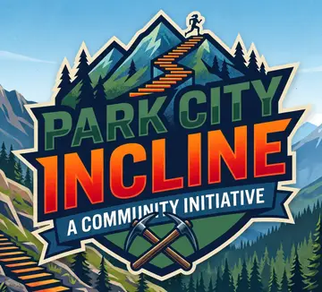 Park City Incline, a community initiative: logo badge with orange stairs climbing a mountain