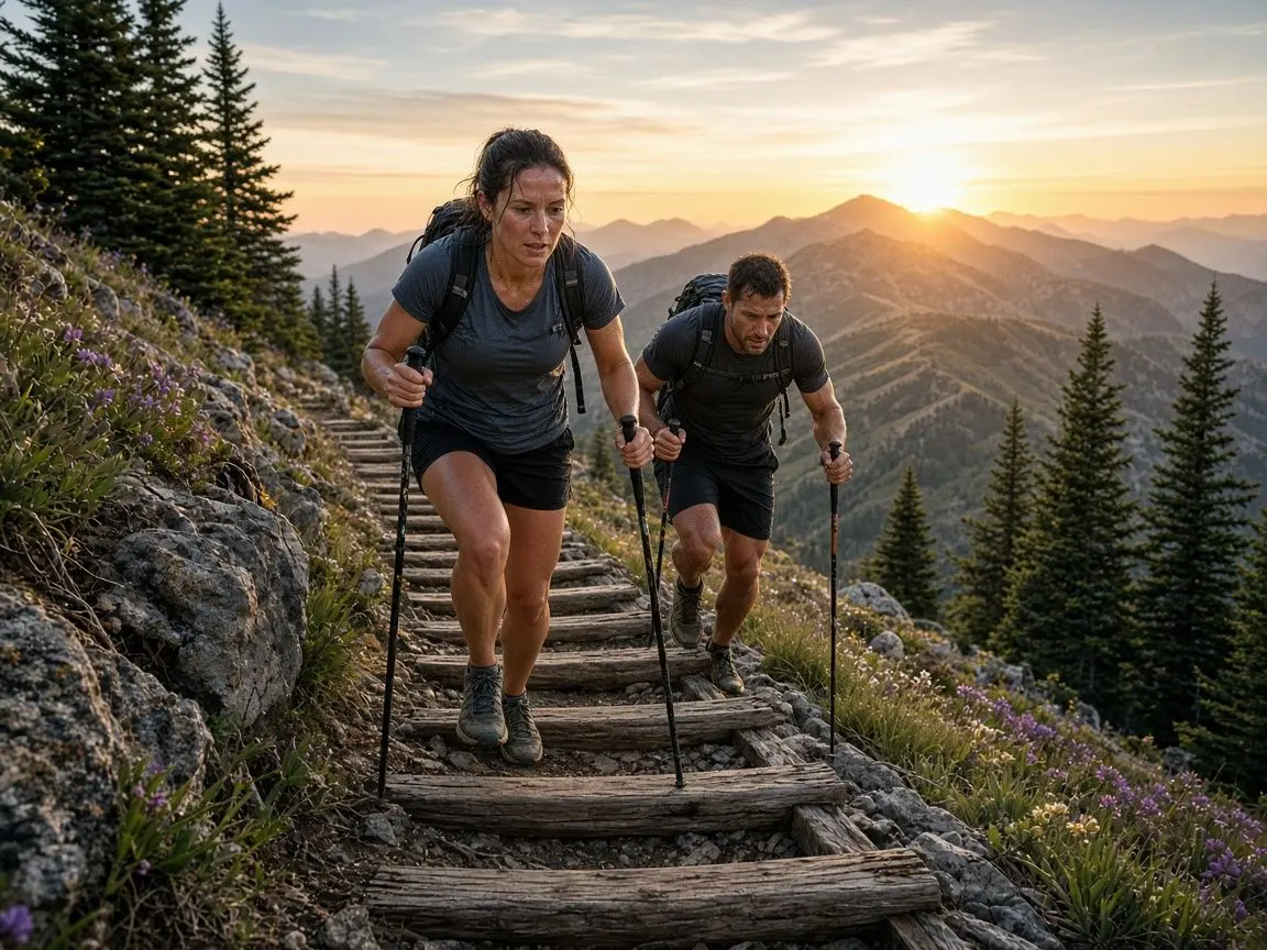 Concept render: two climbers with trekking poles on steep timber steps at sunrise