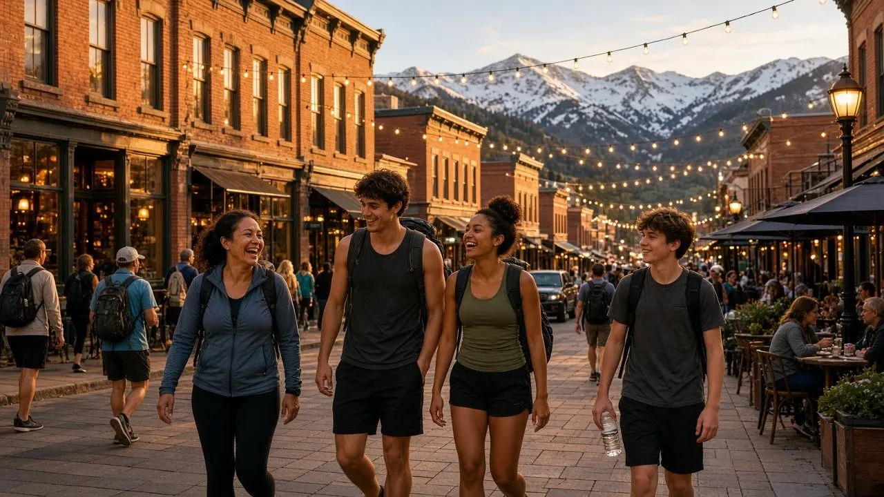 Concept render: hikers walking down a historic main street under string lights after a climb